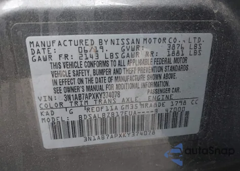 2019 Nissan Sentra S z USA, uszkodzony, nr VIN 3N1AB7APXKY374078